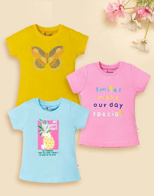 ELEMENOPEE Baby Girls Animal Print Pure Cotton Regular T Shirt(Multicolor, Pack of 3)