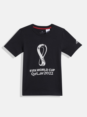 ADIDAS Boys Typography, Printed Pure Cotton Regular T Shirt(Black, Pack of 1)