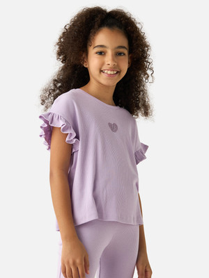 JUNIORS by Babyshop Girls Geometric Print Cotton Blend Regular T Shirt(Purple, Pack of 1)