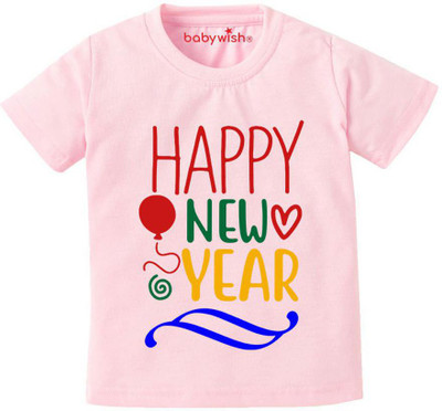 Babywish Boys & Girls Typography, Printed Cotton Blend Regular T Shirt(Pink, Pack of 1)