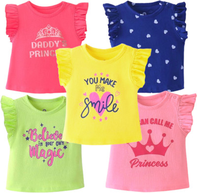 Prathakshana Girls Self Design Pure Cotton Regular T Shirt(Multicolor, Pack of 5)