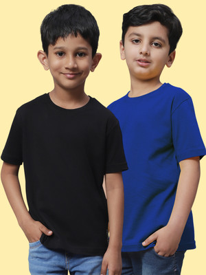 FBAR Boys Solid Pure Cotton Regular T Shirt(Black, Blue, Pack of 2)