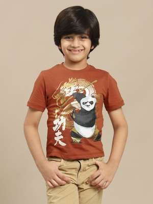 kidsville Boys Printed Pure Cotton Regular T Shirt(Orange, Pack of 1)
