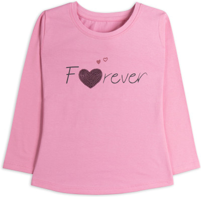 Ariel Girls Printed Pure Cotton Regular T Shirt(Pink, Pack of 1)