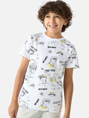 JUNIORS Boys Printed Cotton Blend Regular T Shirt(White, Pack of 1)
