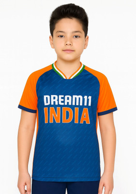 BUGOAT Boys & Girls Printed Polyester Regular T Shirt(Blue, Pack of 1)