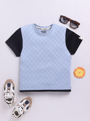 Happy Faces Baby Boys Checkered Cotton Blend Regular T Shirt(Blue, Pack of 1)
