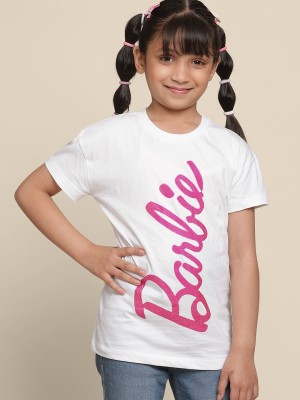 kidsville Girls Typography, Printed Pure Cotton T Shirt(White, Pack of 1)