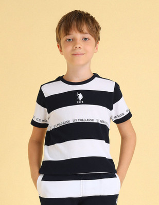 U.S. POLO ASSN. Boys Striped Pure Cotton Regular T Shirt(Blue, Pack of 1)