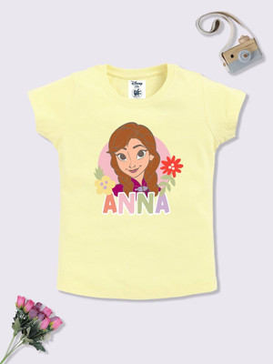 YK Disney Girls Printed Pure Cotton Regular T Shirt(Yellow, Pack of 1)