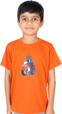 Yellowtoons Boys Printed Cotton Blend Regular T Shirt(Orange, Pack of 1)