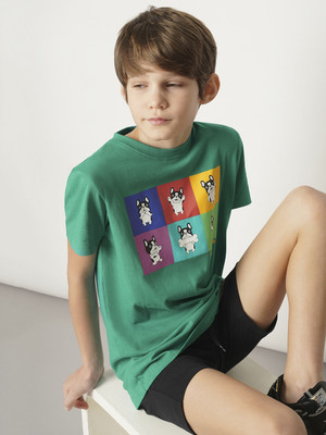 Jack & Jones Junior Boys Printed Cotton Blend Regular T Shirt(Green, Pack of 1)
