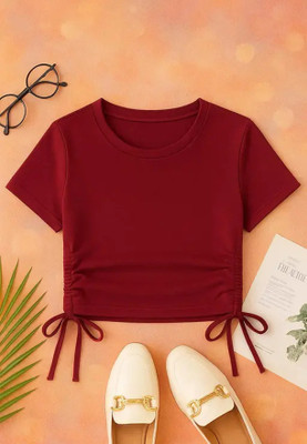 Prinsoo Girls Solid Cotton Blend Regular T Shirt(Maroon, Pack of 1)