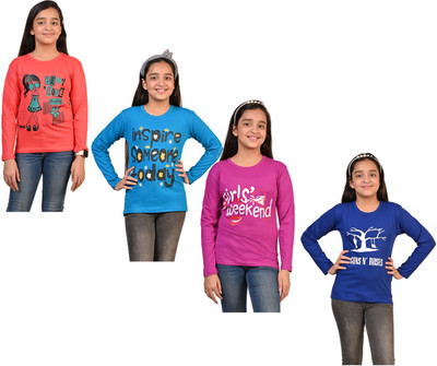 Indistar Girls Printed Pure Cotton Regular T Shirt(Multicolor, Pack of 4)