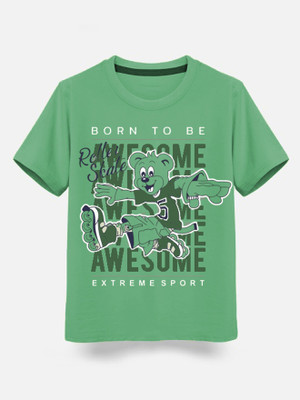 RodZen Boys Printed Pure Cotton Regular T Shirt(Green, Pack of 1)