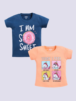 KIDCITY Girls Graphic Print Cotton Blend Regular T Shirt(Multicolor, Pack of 2)