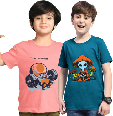Kiddy Viddy Boys Printed Cotton Blend Regular T Shirt(Pink, Dark Blue, Pack of 2)