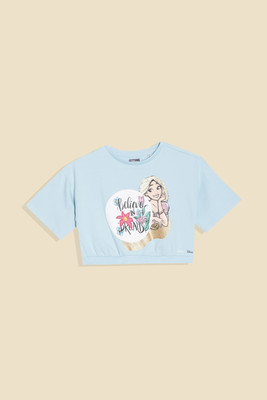 Allen Solly Girls Graphic Print Cotton Blend Regular T Shirt(Light Blue, Pack of 1)