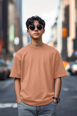 Veirdo Boys Solid Pure Cotton Oversized T Shirt(Brown, Pack of 1)