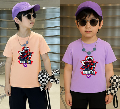 Lecowar Boys Printed Polyester Regular T Shirt(Pink, Purple, Pack of 1)