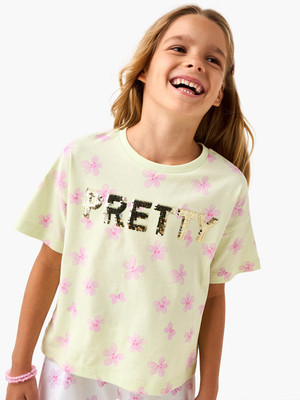 JUNIORS by Babyshop Baby Girls Printed Pure Cotton Regular T Shirt(Green, Pack of 1)