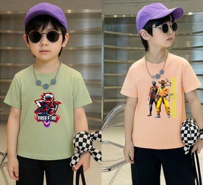 Lecowar Boys Graphic Print Polyester Regular T Shirt(Green, Pink, Pack of 2)