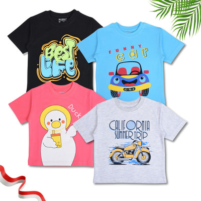 Worton Fashion Boys Graphic Print Pure Cotton Regular T Shirt(Multicolor, Pack of 4)