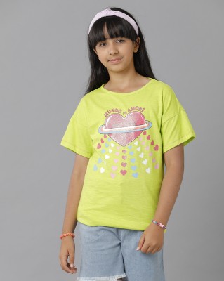 Under Fourteen Only Girls Graphic Print Pure Cotton T Shirt(Green, Pack of 1)