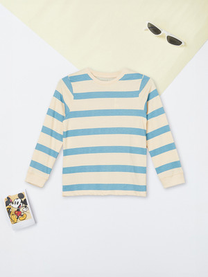 MAX Boys Striped Pure Cotton Regular T Shirt(Beige, Blue, Pack of 1)
