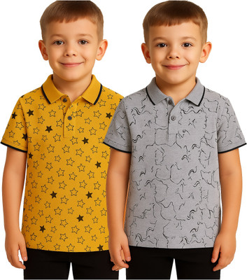 EyeWater Boys Printed Cotton Blend Regular T Shirt(Yellow, Pack of 2)