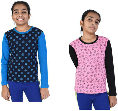 KAVYA Girls Printed Pure Cotton Regular T Shirt(Multicolor, Pack of 2)