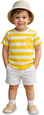 KIdbea Boys Striped Cotton Blend Regular T Shirt(Yellow, Pack of 1)