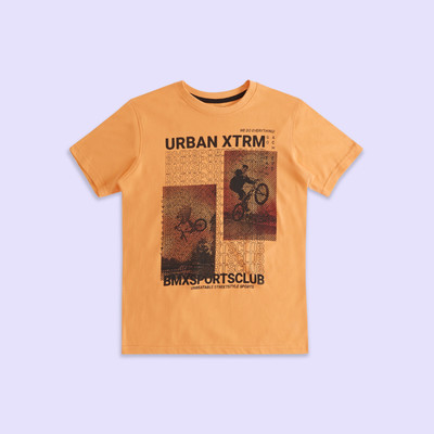 Pantaloons Junior Boys Typography, Graphic Print Pure Cotton Regular T Shirt(Orange, Pack of 1)