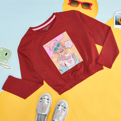 Pantaloons Junior Girls Printed Polyester Regular T Shirt(Orange, Pack of 1)