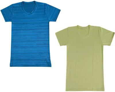 Indistar Boys Striped Polyester Regular T Shirt(Blue, Pack of 2)