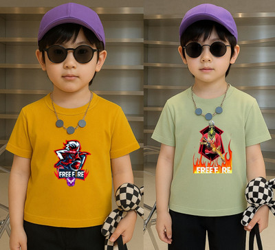 Lecowar Boys Graphic Print Polyester Regular T Shirt(Yellow, Green, Pack of 2)