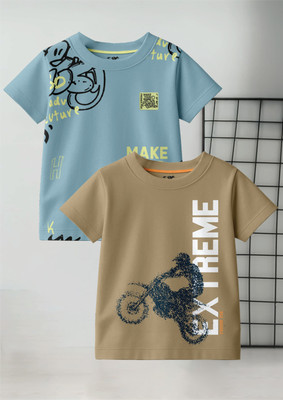 FROSEN FOX Boys Typography Pure Cotton Regular T Shirt(Multicolor, Pack of 2)