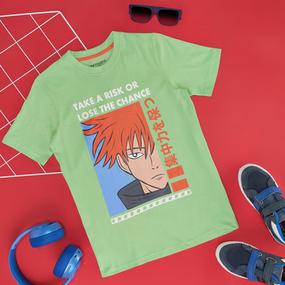 Pantaloons Junior Boys Printed Pure Cotton Regular T Shirt(Green, Pack of 1)