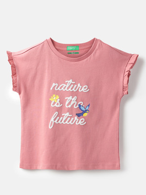 United Colors of Benetton Girls Solid Pure Cotton Regular T Shirt(Pink, Pack of 1)