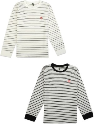 V-MART Boys Striped Pure Cotton T Shirt(Grey, Pack of 2)