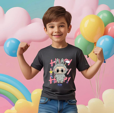 Kidloo Boys Labubu, Graphic Print Cotton Blend Regular T Shirt(Black, Pack of 1)