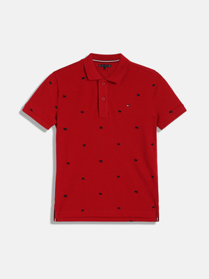 TOMMY HILFIGER Boys Solid Cotton Blend Regular T Shirt(Red, Pack of 1)