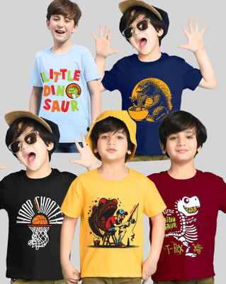 AUSK Boys Printed Cotton Blend Regular T Shirt(Maroon, Black, Pack of 5)