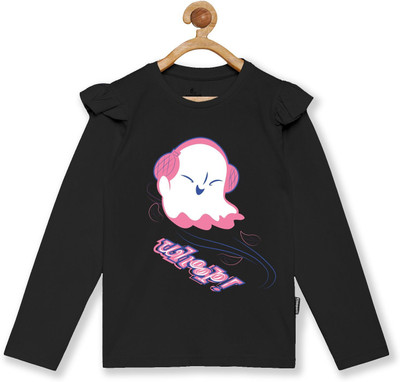 Kiddo Paanti Girls Printed Pure Cotton Regular T Shirt(Black, Pack of 1)