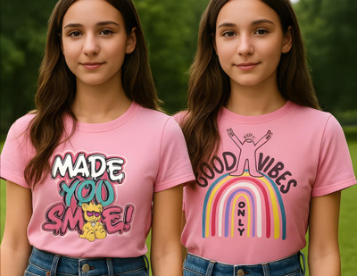 Clothe Funn Girls Printed Pure Cotton Regular T Shirt(Pink, Pack of 2)