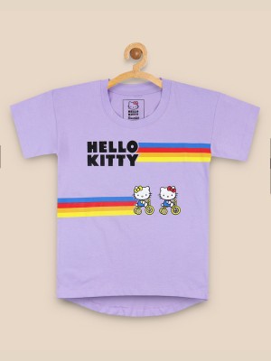 Hello Kitty By Kidsville Girls Typography Pure Cotton T Shirt(Purple, Pack of 1)