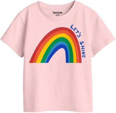BONKIDS Girls Printed Pure Cotton Regular T Shirt(Pink, Pack of 1)