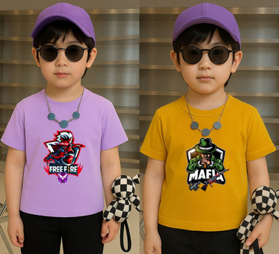 Lecowar Boys Graphic Print Polyester Regular T Shirt(Purple, Yellow, Pack of 2)