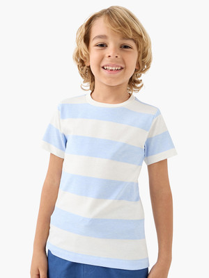 JUNIORS by Babyshop Boys Striped Pure Cotton Regular T Shirt(White, Blue, Pack of 1)