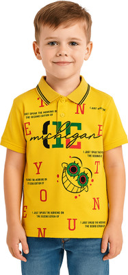 RASEE Boys Printed Cotton Blend Regular T Shirt(Yellow, Pack of 1)